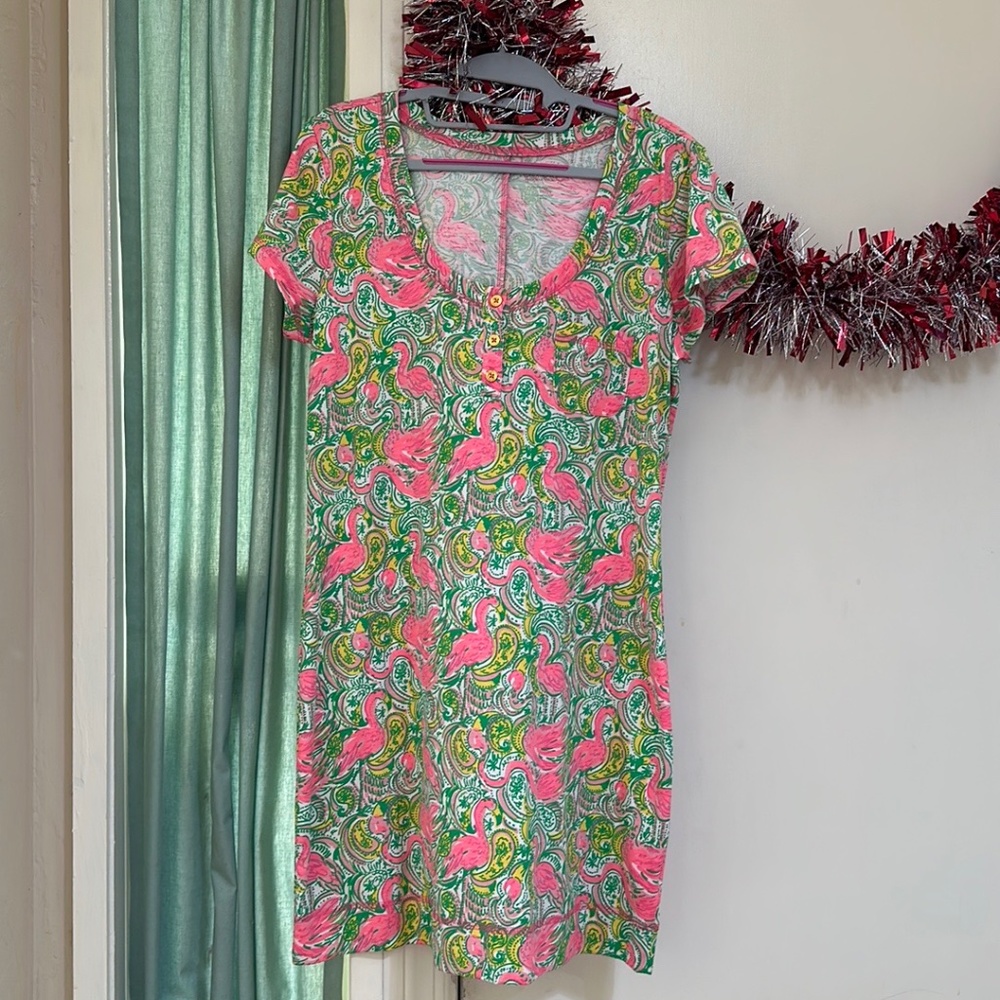Lilly Pullitzer L Britton Henley Hot Wings Flamingo T-Shirt Dress- Large